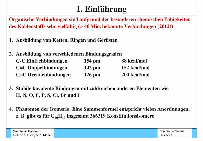 Chemie für Physiker - Teil: Organische Chemie
Inhalt
1. Einführung
2. Alkane
3. Ungesättigte Kohlenwasserstoffe (Alkene und Alkine)
4. Aroma