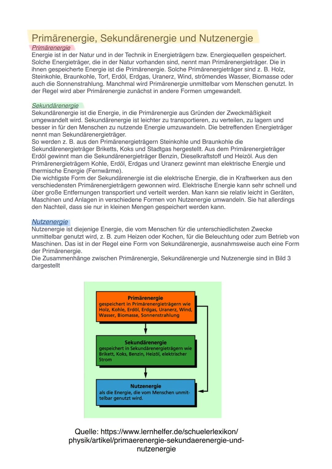 Primärenergie, Sekundärenergie und Nutzenergie
Primärenergie
Energie ist in der Natur und in der Technik in Energieträgern bzw. Energiequell