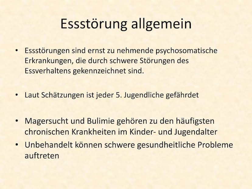 Magersucht
Eine Präsentation über die häufigste
Essstörung der Welt Inhalt
Essstörungen allgemein
Ursachen
Magersucht
Magersucht bei Kindern