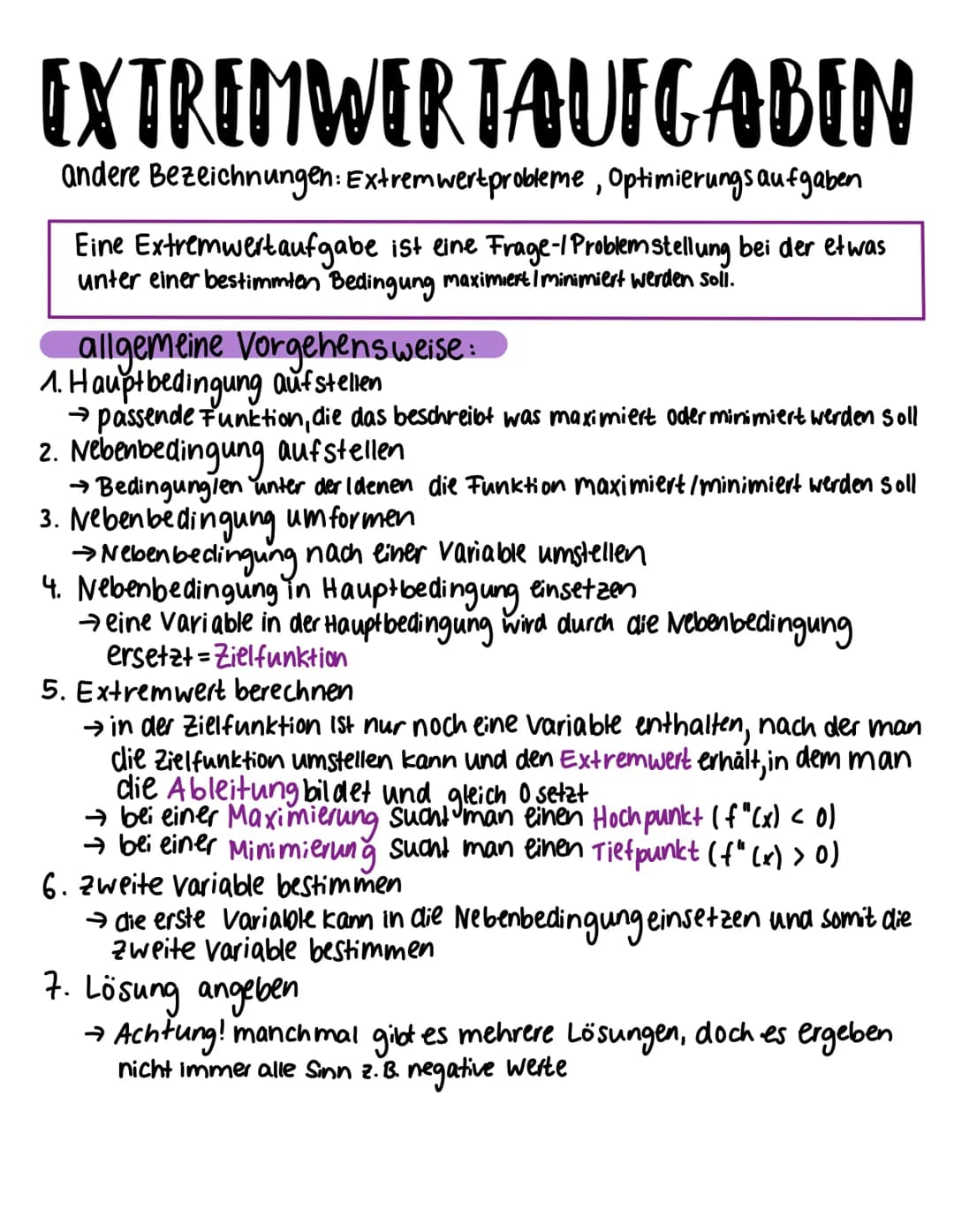 EXTREMWERTAUFGABEN
andere Bezeichnungen: Extremwertprobleme, Optimierungsaufgaben
Eine Extremwertaufgabe ist eine Frage-1 Problemstellung be