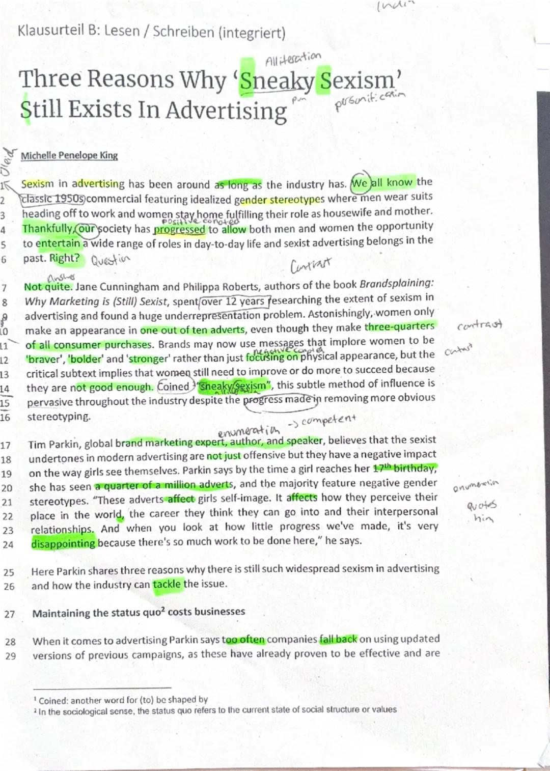 Klausurteil B: Lesen / Schreiben (integriert)
India
Gleich
Alliteration
Three Reasons Why 'Sneaky Sexism'
persunit: catim
Still Exists In Ad