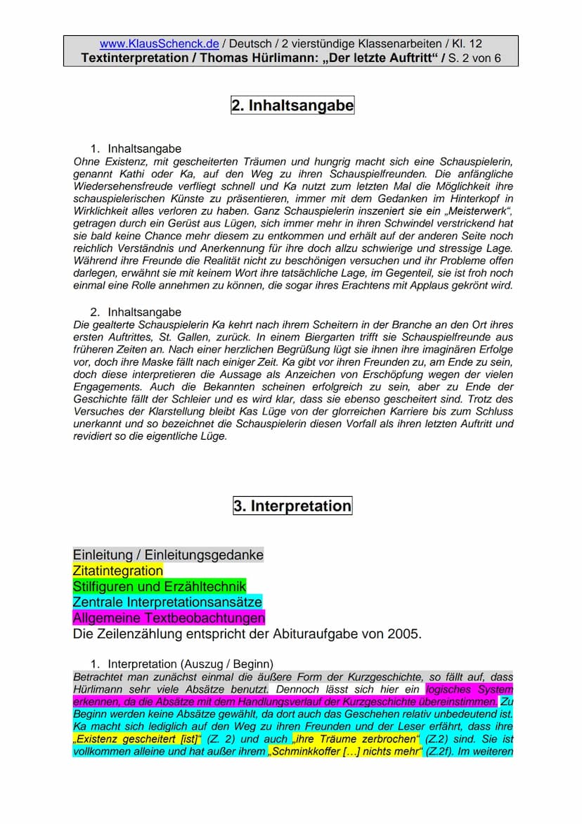 www.KlausSchenck.de / Deutsch / 2 vierstündige Klassenarbeiten / Kl. 12
Textinterpretation / Thomas Hürlimann: „Der letzte Auftritt" / S. 1 
