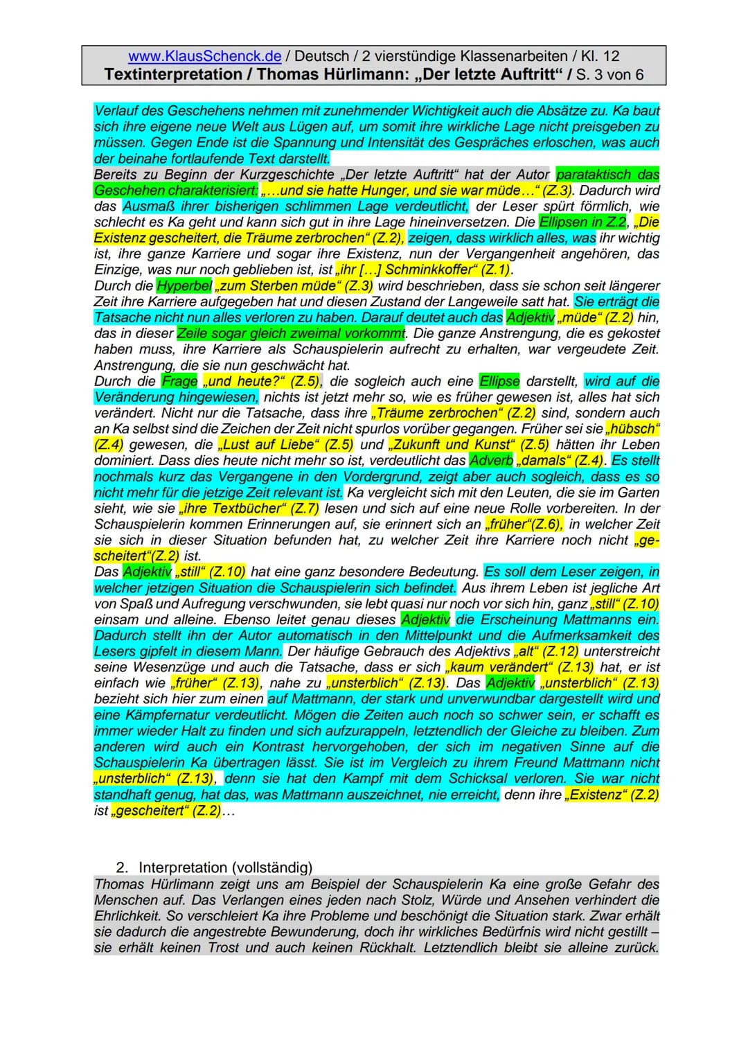 www.KlausSchenck.de / Deutsch / 2 vierstündige Klassenarbeiten / Kl. 12
Textinterpretation / Thomas Hürlimann: „Der letzte Auftritt" / S. 1 
