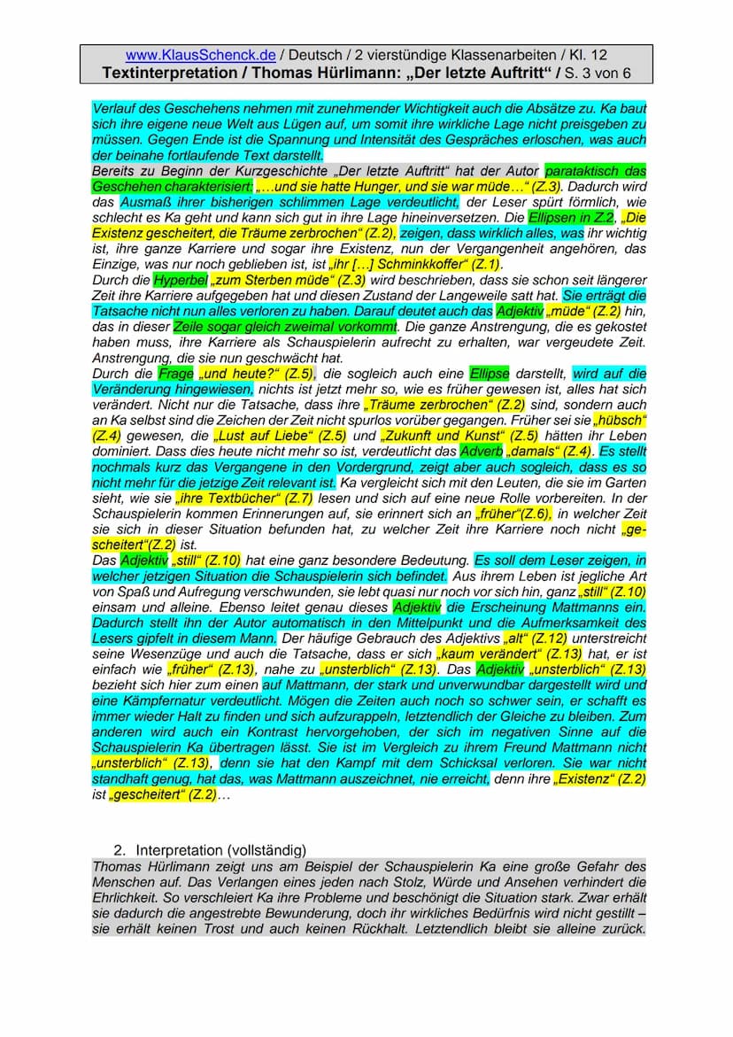 www.KlausSchenck.de / Deutsch / 2 vierstündige Klassenarbeiten / Kl. 12
Textinterpretation / Thomas Hürlimann: „Der letzte Auftritt" / S. 1 