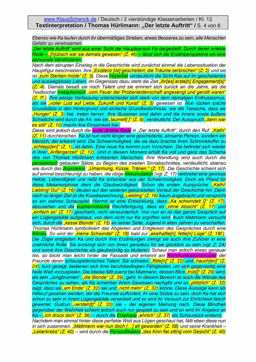 www.KlausSchenck.de / Deutsch / 2 vierstündige Klassenarbeiten / Kl. 12
Textinterpretation / Thomas Hürlimann: „Der letzte Auftritt" / S. 1 