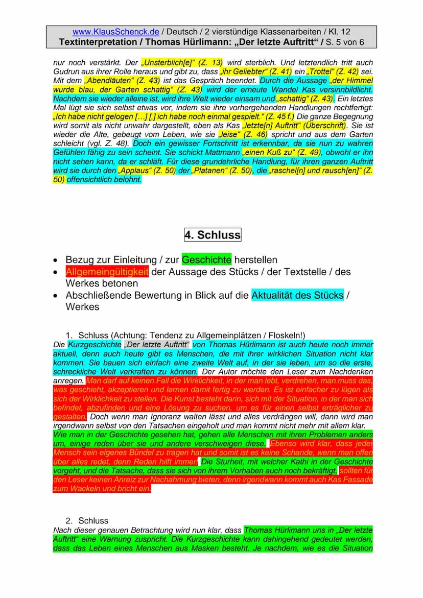 www.KlausSchenck.de / Deutsch / 2 vierstündige Klassenarbeiten / Kl. 12
Textinterpretation / Thomas Hürlimann: „Der letzte Auftritt" / S. 1 