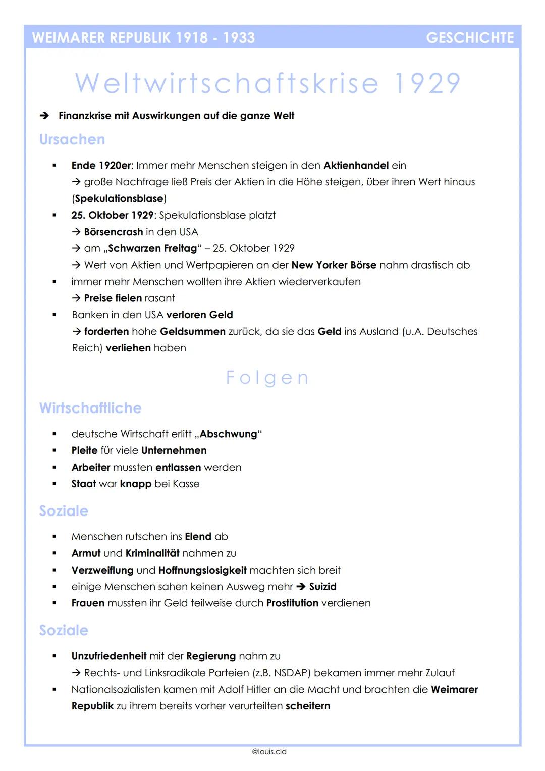 WEIMARER REPUBLIK 1918 - 1933
Weltwirtschaftskrise 1929
→ Finanzkrise mit Auswirkungen auf die ganze Welt
Ursachen
■
Wirtschaftliche
■
deuts