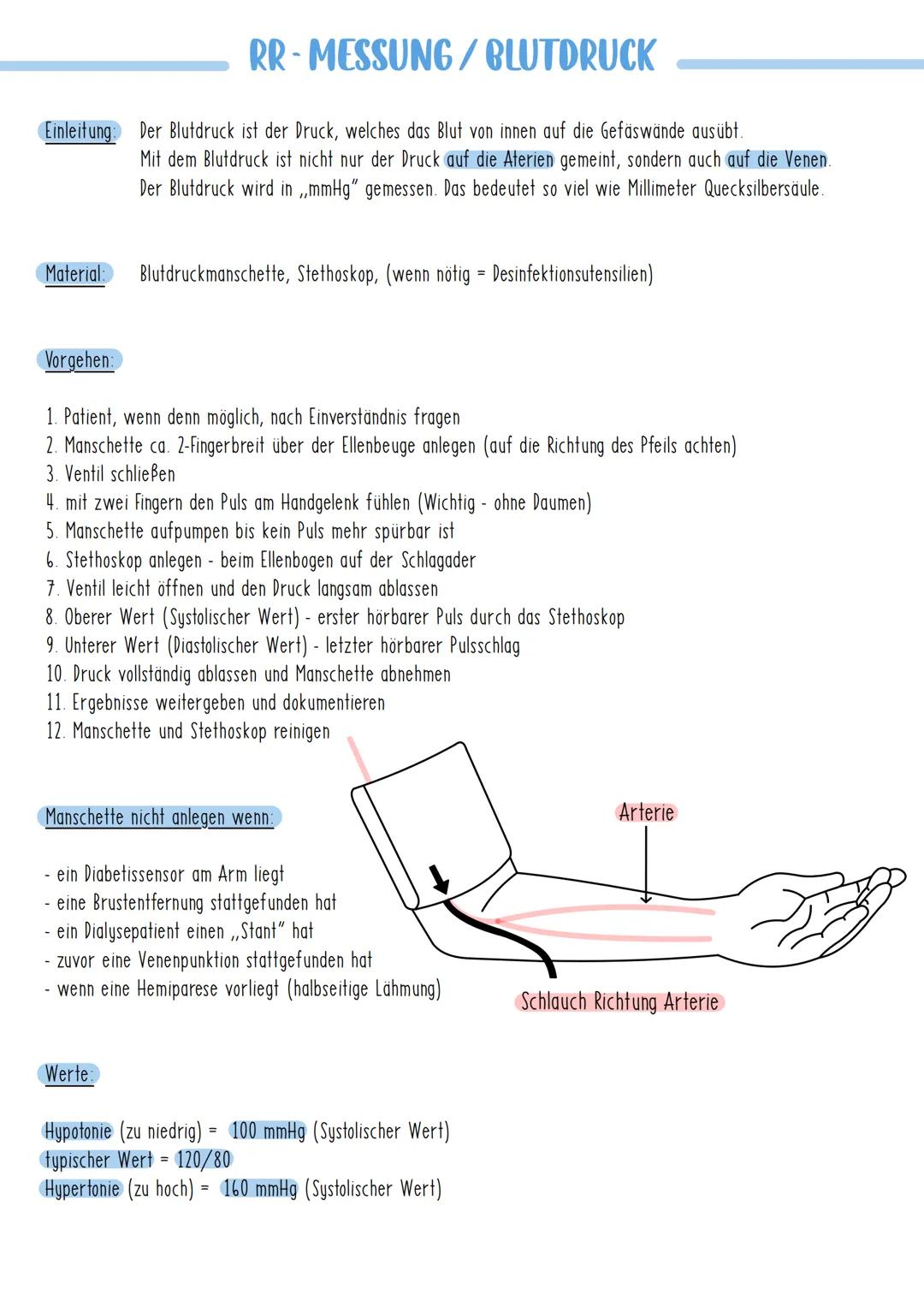 RR-MESSUNG/BLUTDRUCK
Einleitung: Der Blutdruck ist der Druck, welches das Blut von innen auf die Gefäswände ausübt.
Mit dem Blutdruck ist ni