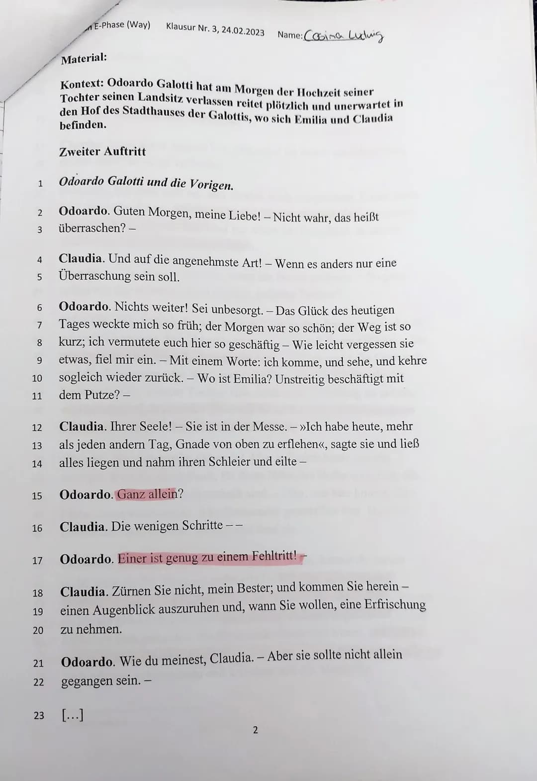 Deutsch E-Phase (Way) Klausur Nr. 3, 24.02.2023
Thema: Emilia Galotti -
i - Aufklärung
Aufgabenstellung
1. Fassen Sie die hier gekürzt vorli