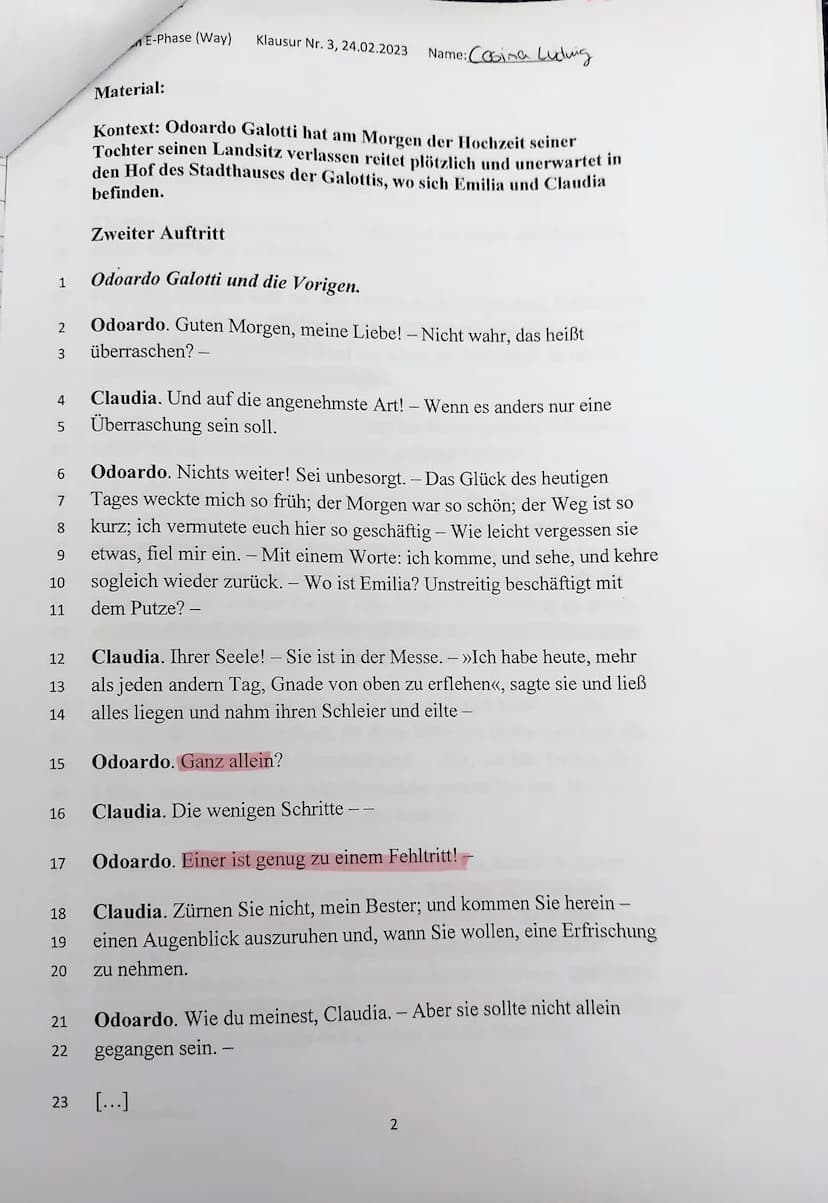 Deutsch E-Phase (Way) Klausur Nr. 3, 24.02.2023
Thema: Emilia Galotti -
i - Aufklärung
Aufgabenstellung
1. Fassen Sie die hier gekürzt vorli