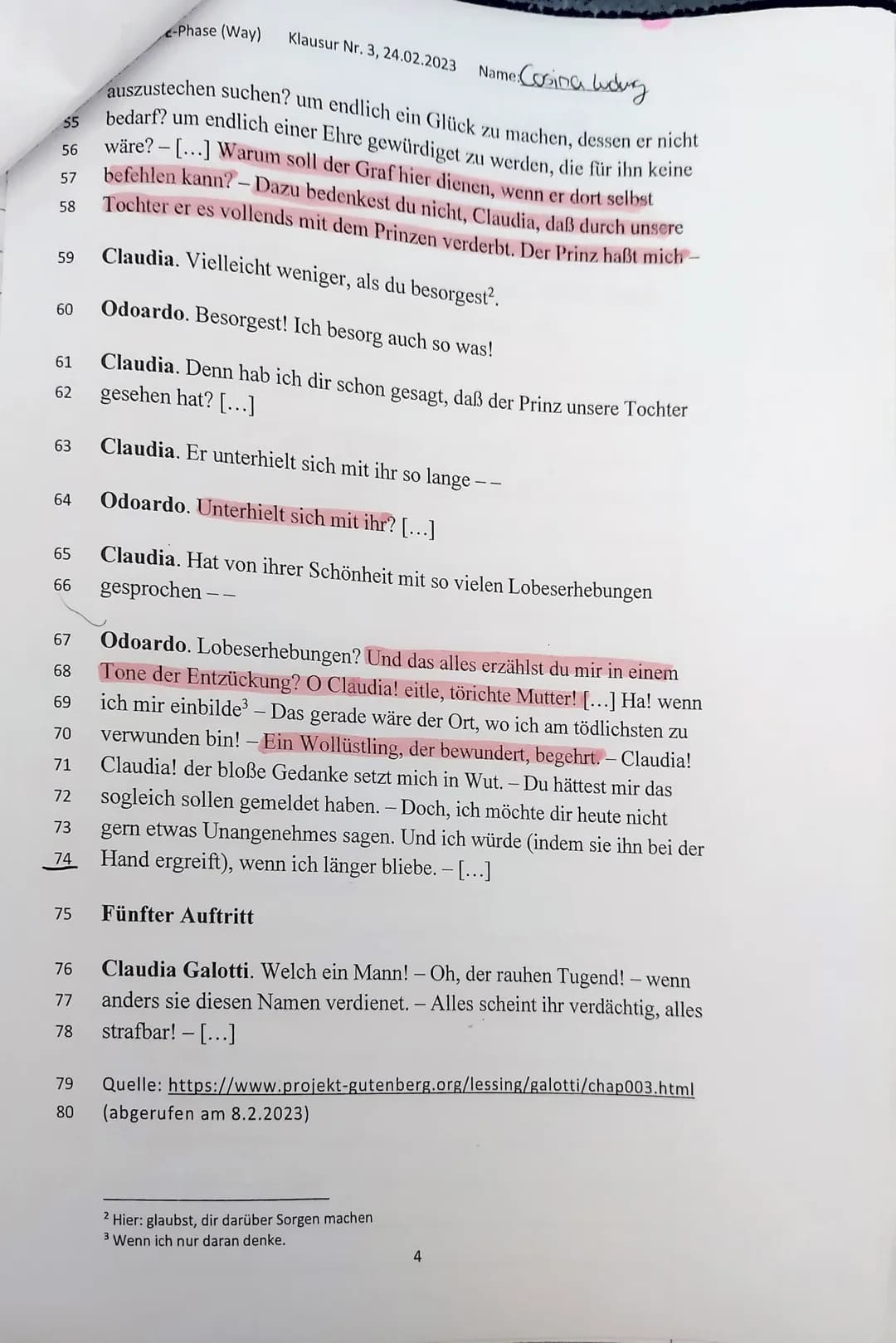 Deutsch E-Phase (Way) Klausur Nr. 3, 24.02.2023
Thema: Emilia Galotti -
i - Aufklärung
Aufgabenstellung
1. Fassen Sie die hier gekürzt vorli