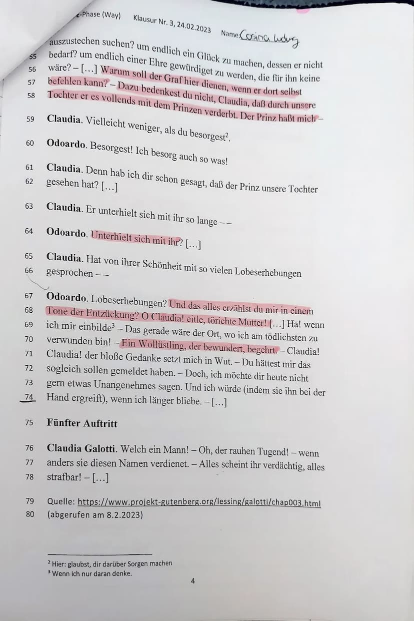 Deutsch E-Phase (Way) Klausur Nr. 3, 24.02.2023
Thema: Emilia Galotti -
i - Aufklärung
Aufgabenstellung
1. Fassen Sie die hier gekürzt vorli