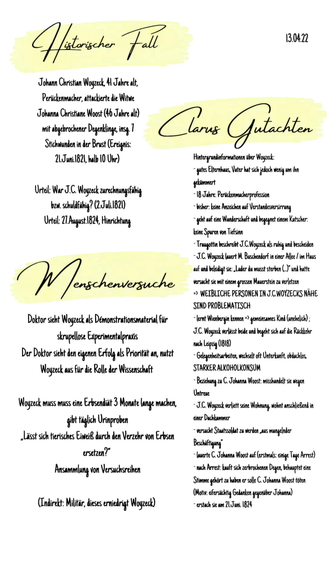 Woyzeck
Georg Buchiner Histerischer Fall
Johann Christian Woyzeck, 41 Jahre alt,
Perückenmacher, attackierte die Witwe
Johanna Christiane Wo