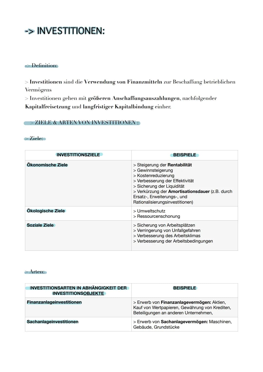 INVESTITIONEN:
- Definition:
> Investitionen sind die Verwendung von Finanzmitteln zur Beschaffung betrieblichen
Vermögens
> Investitionen g
