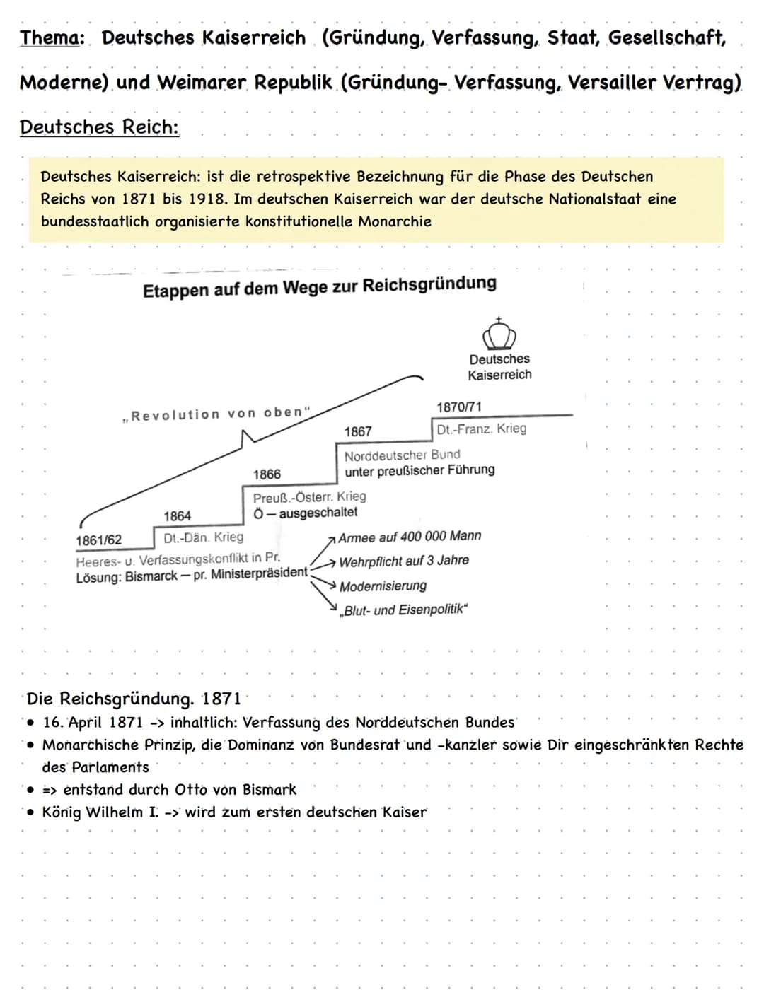 Thema: Deutsches Kaiserreich (Gründung, Verfassung, Staat, Gesellschaft,
Moderne) und Weimarer Republik (Gründung- Verfassung, Versailler Ve