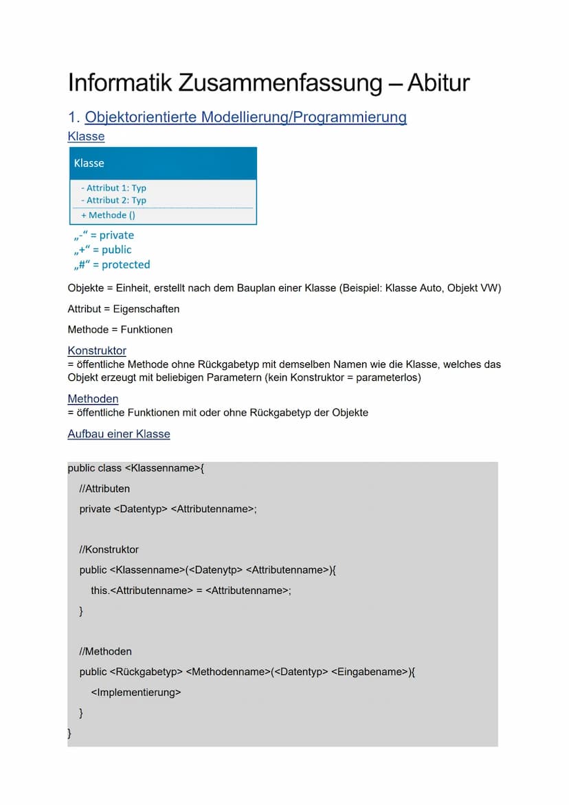Informatik Zusammenfassung
Abitur
Mikail Bozburun Inhaltsverzeichnis
1. Objektorientierte Modellierung/Programmierung..
Klasse......
Konstru