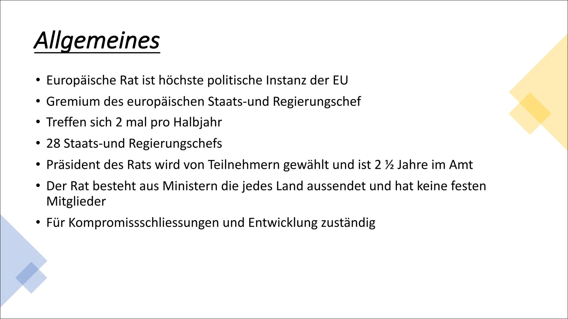 # Europäischer Rat # Inhaltsverzeichnis

- Allgemeines
- Geschichte
- Aufgaben und Funktionen
- Zusammensetzung
- Abstimmungsverfahren # All