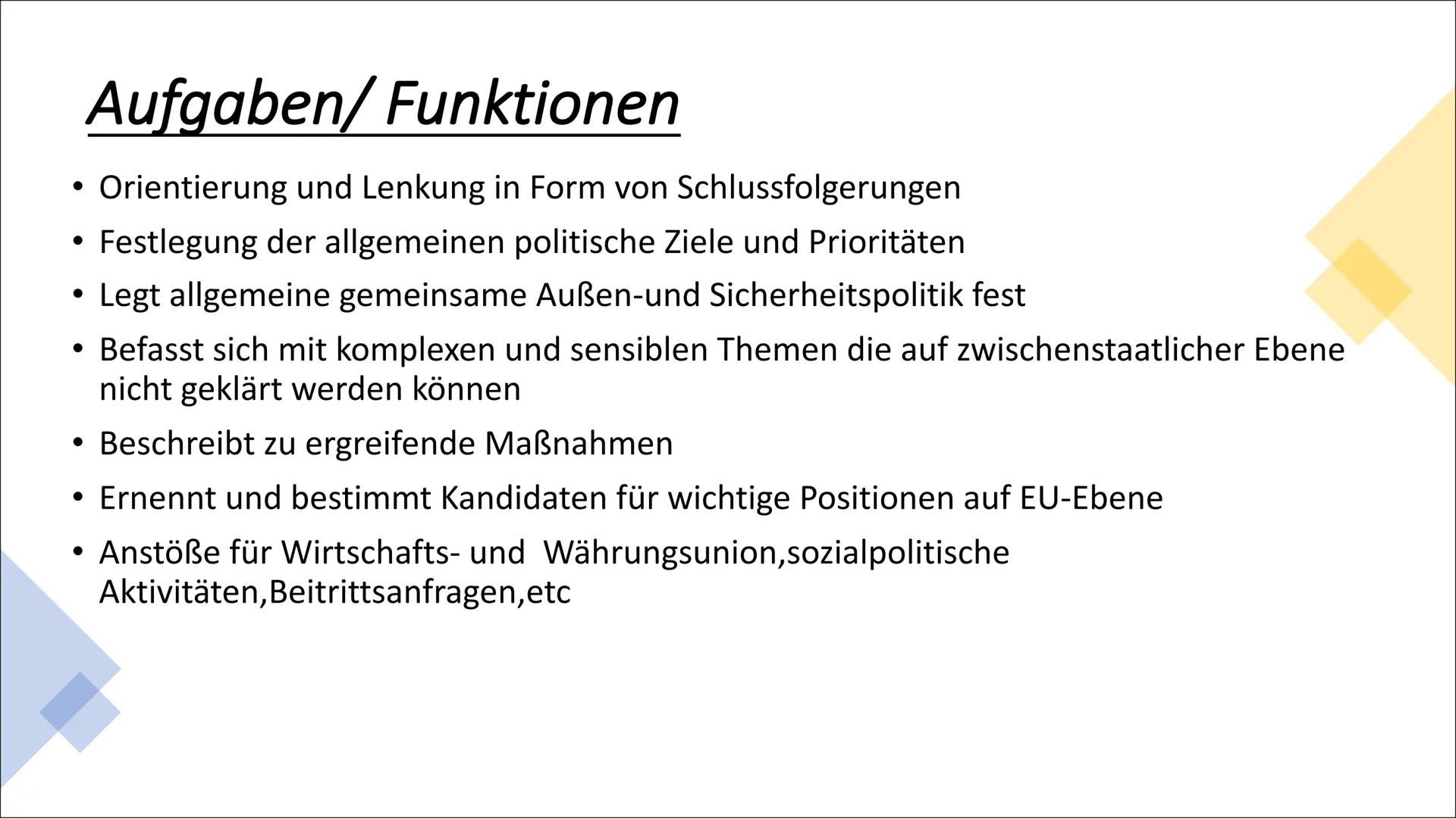 # Europäischer Rat # Inhaltsverzeichnis

- Allgemeines
- Geschichte
- Aufgaben und Funktionen
- Zusammensetzung
- Abstimmungsverfahren # All