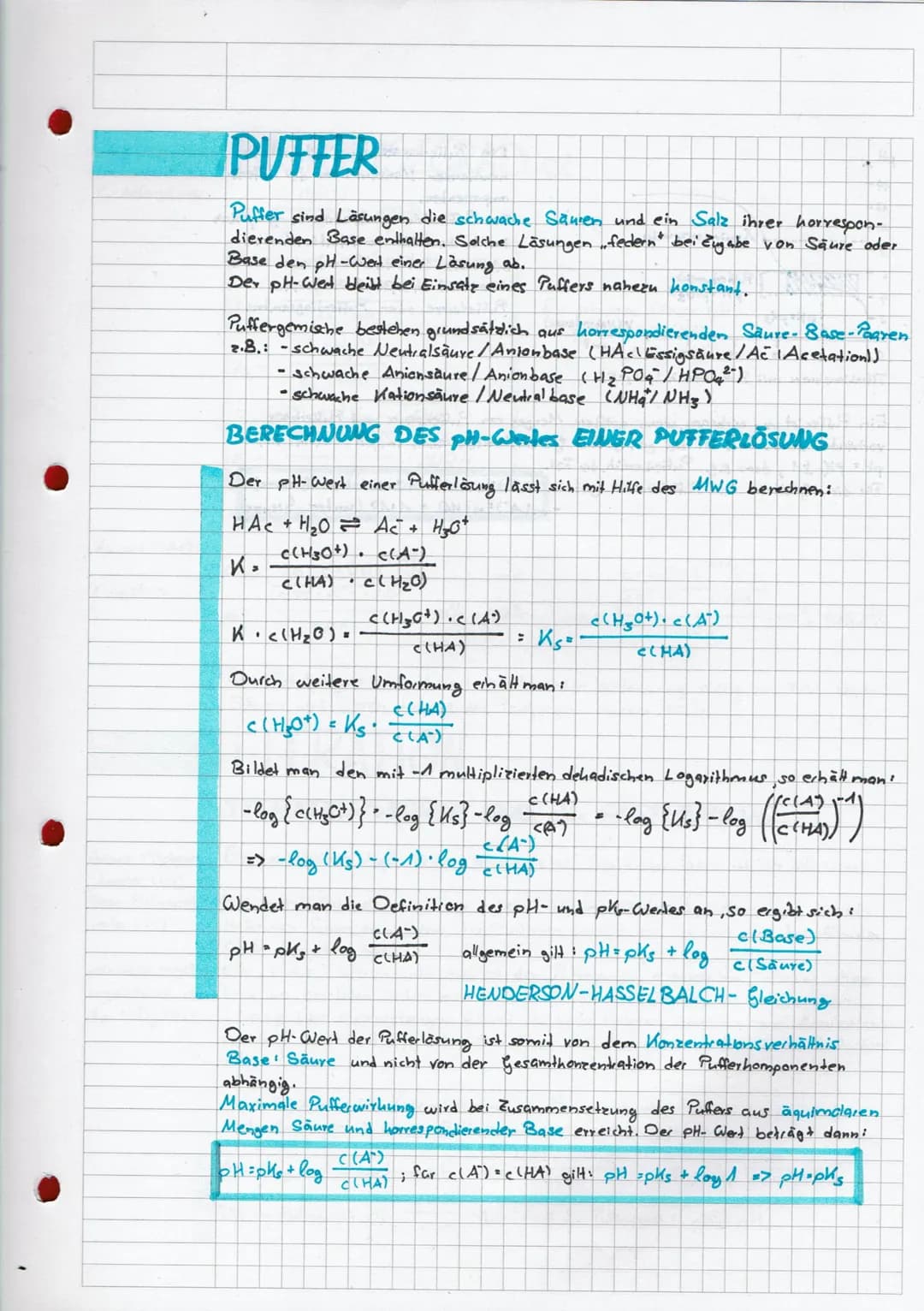 PUTTER
Puffer sind Lösungen die schwache Säuren und ein Salz ihrer horrespon-
dierenden Base enthalten. Solche Lösungen federn bei Eugabe vo
