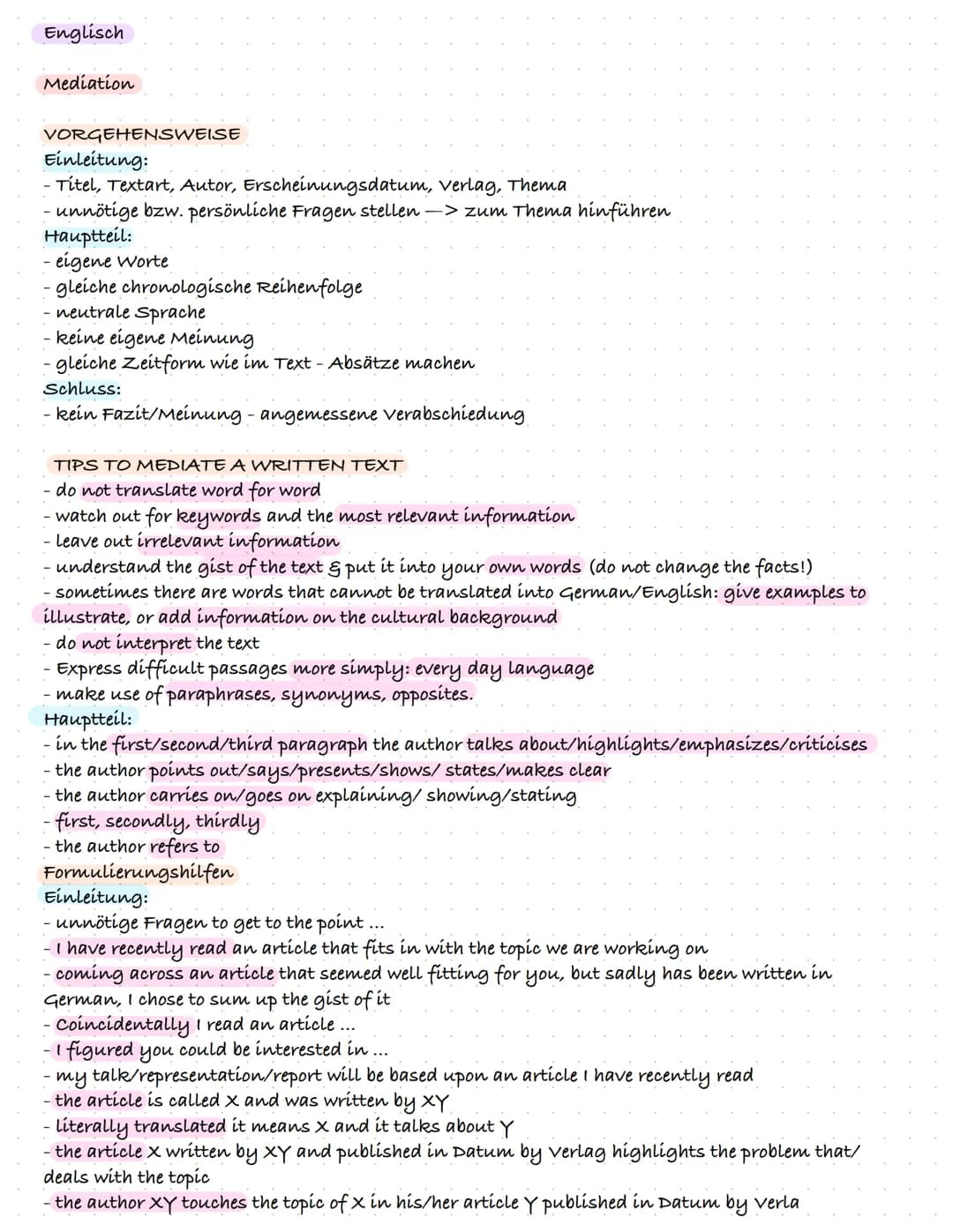 Englisch
Mediation
VORGEHENSWEISE
Einleitung:
- Titel, Textart, Autor, Erscheinungsdatum, verlag, Thema
unnötige bzw. persönliche Fragen ste