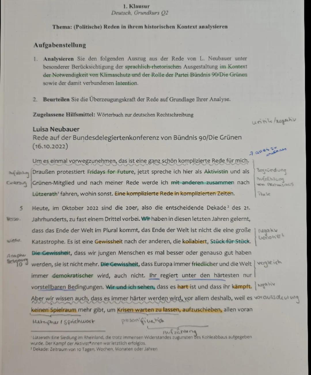 1. Klausur
Deutsch, Grundkurs Q2
Thema: (Politische) Reden in ihrem historischen Kontext analysieren
Aufgabenstellung
1. Analysieren Sie den