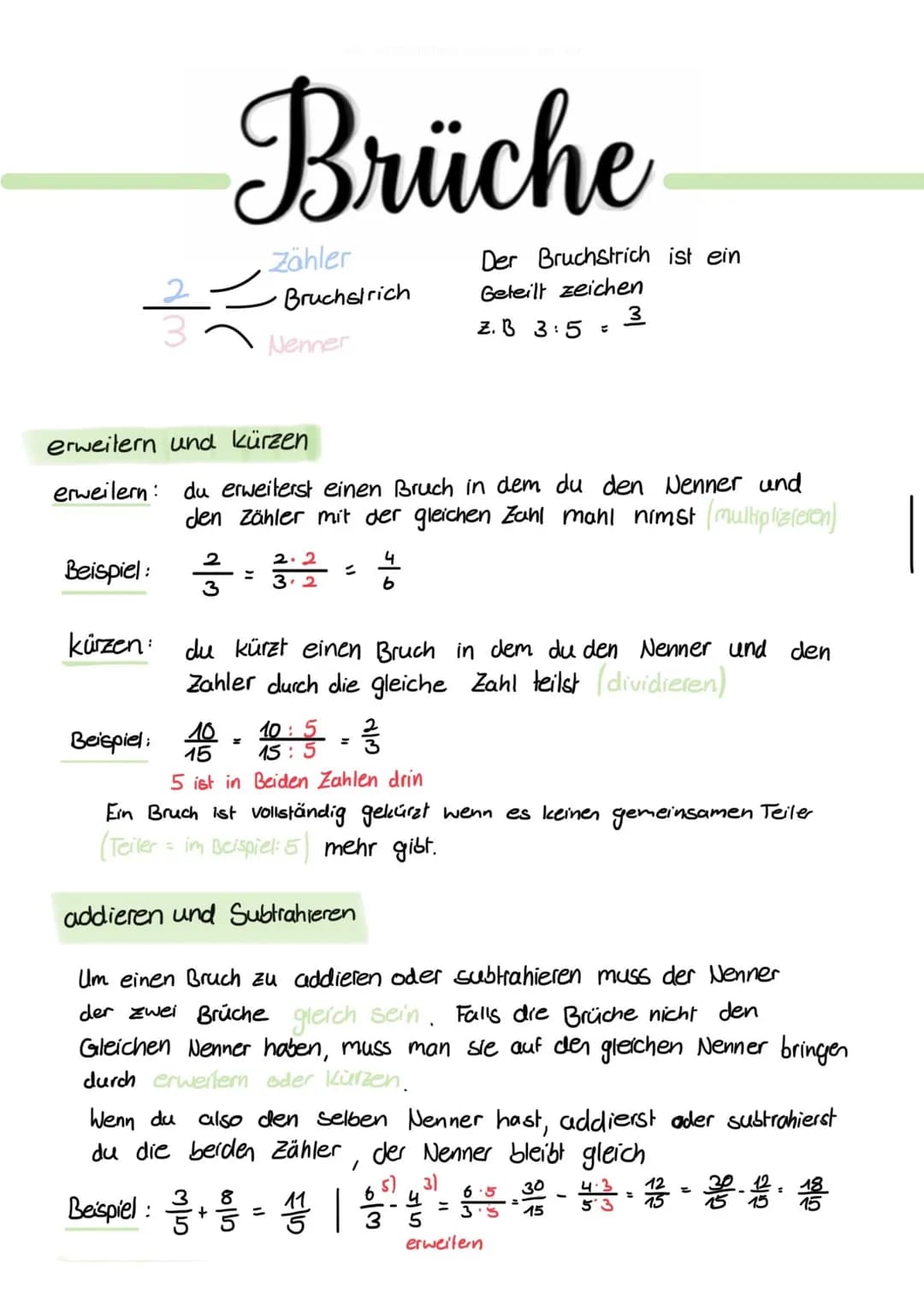 Brüche
Zähler
Bruchstrich
\!.(
Beispiel:
Nenner
erweitern und kürzen
erweilern: du erweiterst einen Bruch in dem du den Nenner und
den Zähle