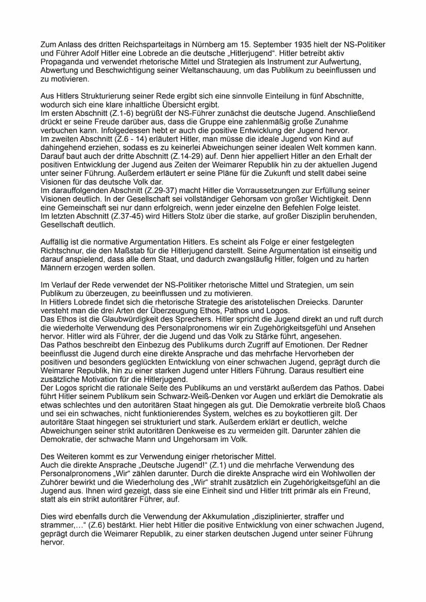 Analyse der Rede an die Hitler-Jugend am
Reichsparteitag 1935
Zeilenangabe
Z.1
Z.6
Z.8f.
Z.23
Z.24
Z.25
Z.27
Z.40
Z.42
Rhetorisches Mittel
D