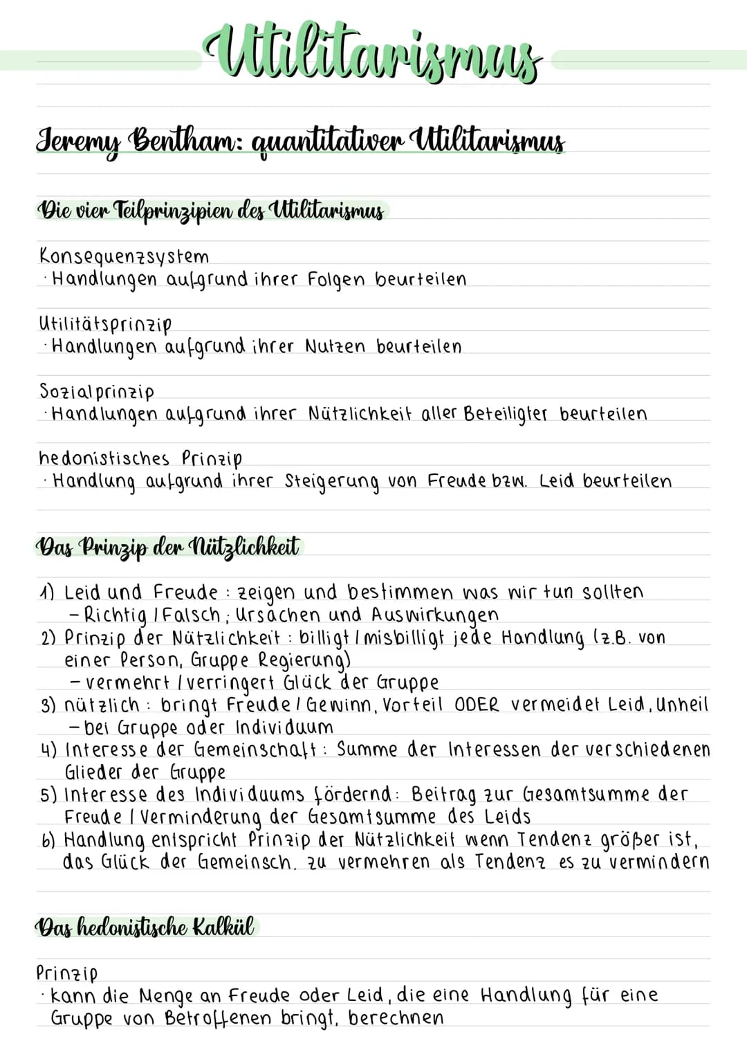 Utilitarismus
Jeremy Bentham: quantitativer Utilitarismus
Die vier Teilprinzipien des Utilitarismus
Konsequenzsystem
• Handlungen aufgrund i