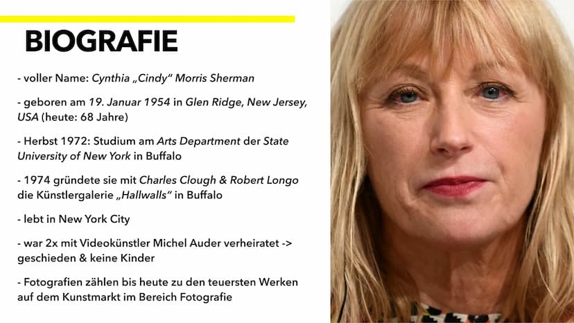 ,,DIE FRAU MIT DEN TAUSEND GESICHTERN"
CINDY SHERMAN BIOGRAFIE
- voller Name: Cynthia ,,Cindy" Morris Sherman
- geboren am 19. Januar 1954 i