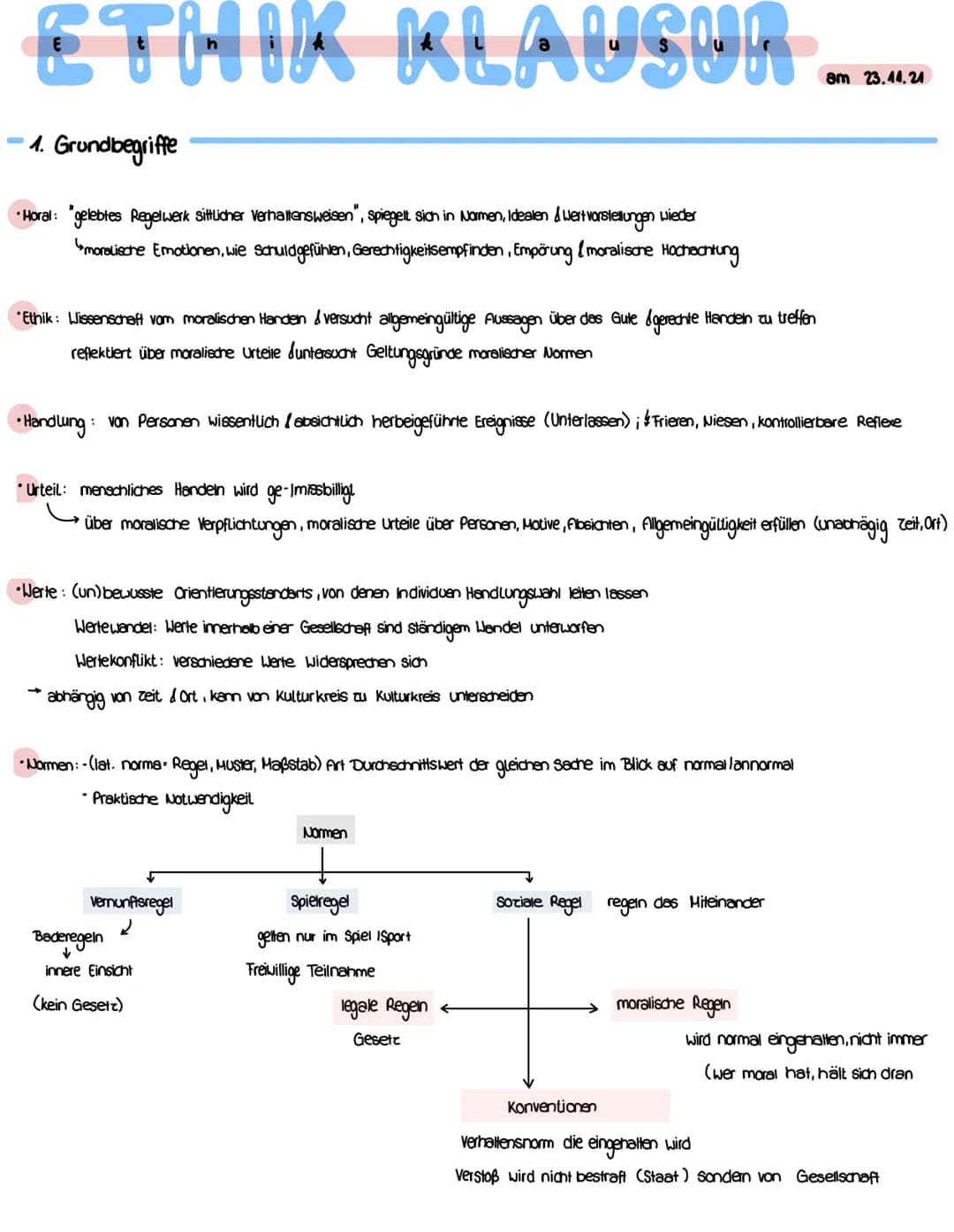 -
ETHIK KLAUSUR …..
8m 23.44.24
4. Grundbegriffe
•Horal: "gelebtes Regelwerk sittlicher Verhaltensweisen", spiegelt sich in Normen, Idealen 