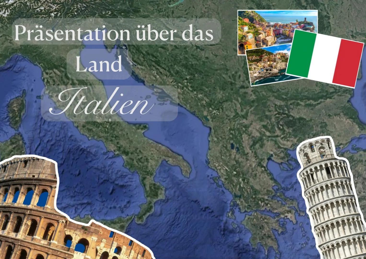 Präsentation über das
Land
Italien INHALTSVERZEICHNIS
1. Allgemeine Informationen
2. größter See/ höchster Berg
3. Angrenzende Meere
4. Nach