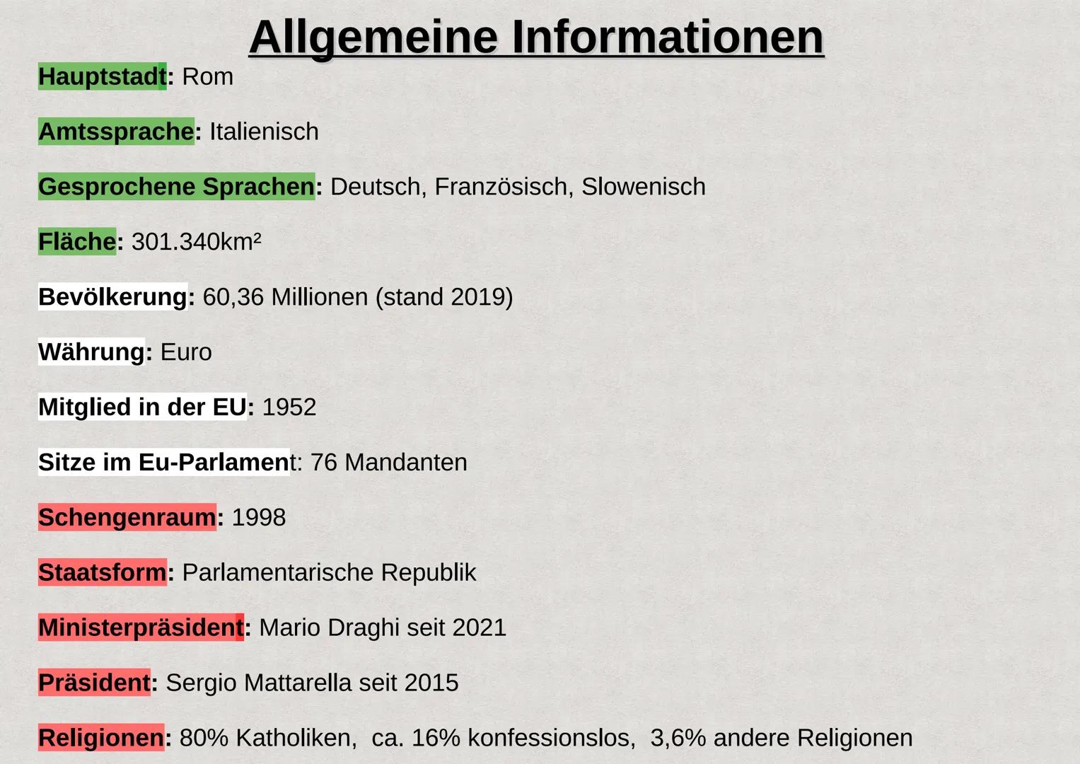 Präsentation über das
Land
Italien INHALTSVERZEICHNIS
1. Allgemeine Informationen
2. größter See/ höchster Berg
3. Angrenzende Meere
4. Nach