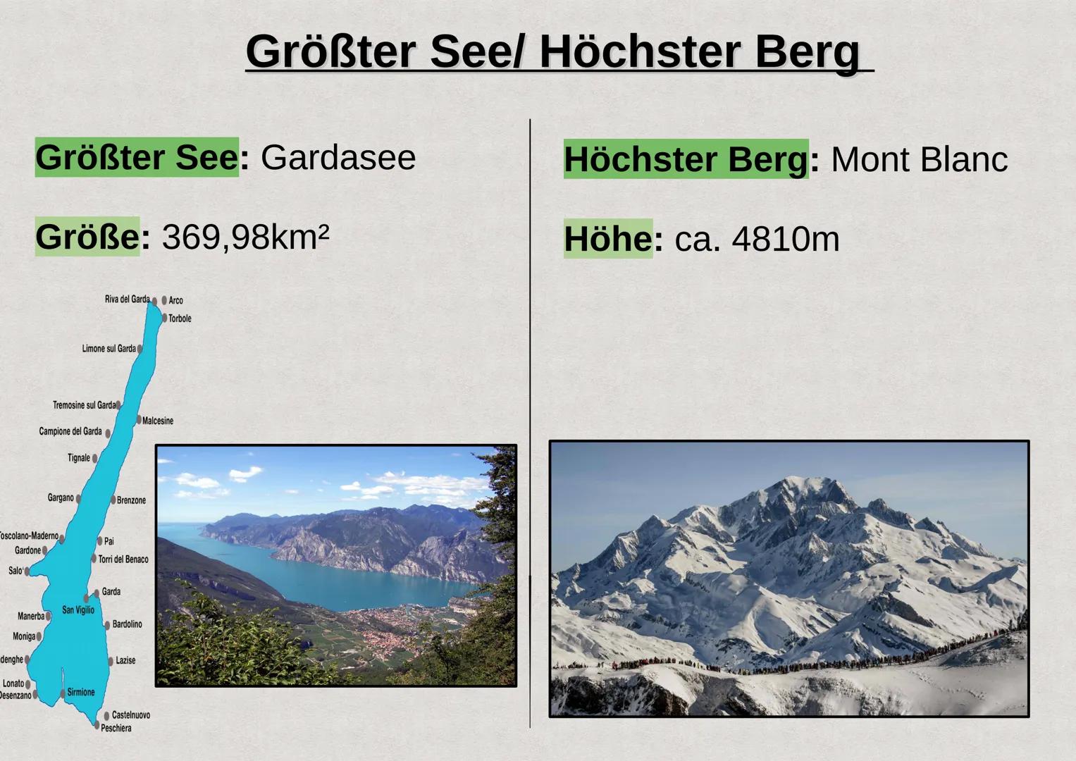 Präsentation über das
Land
Italien INHALTSVERZEICHNIS
1. Allgemeine Informationen
2. größter See/ höchster Berg
3. Angrenzende Meere
4. Nach