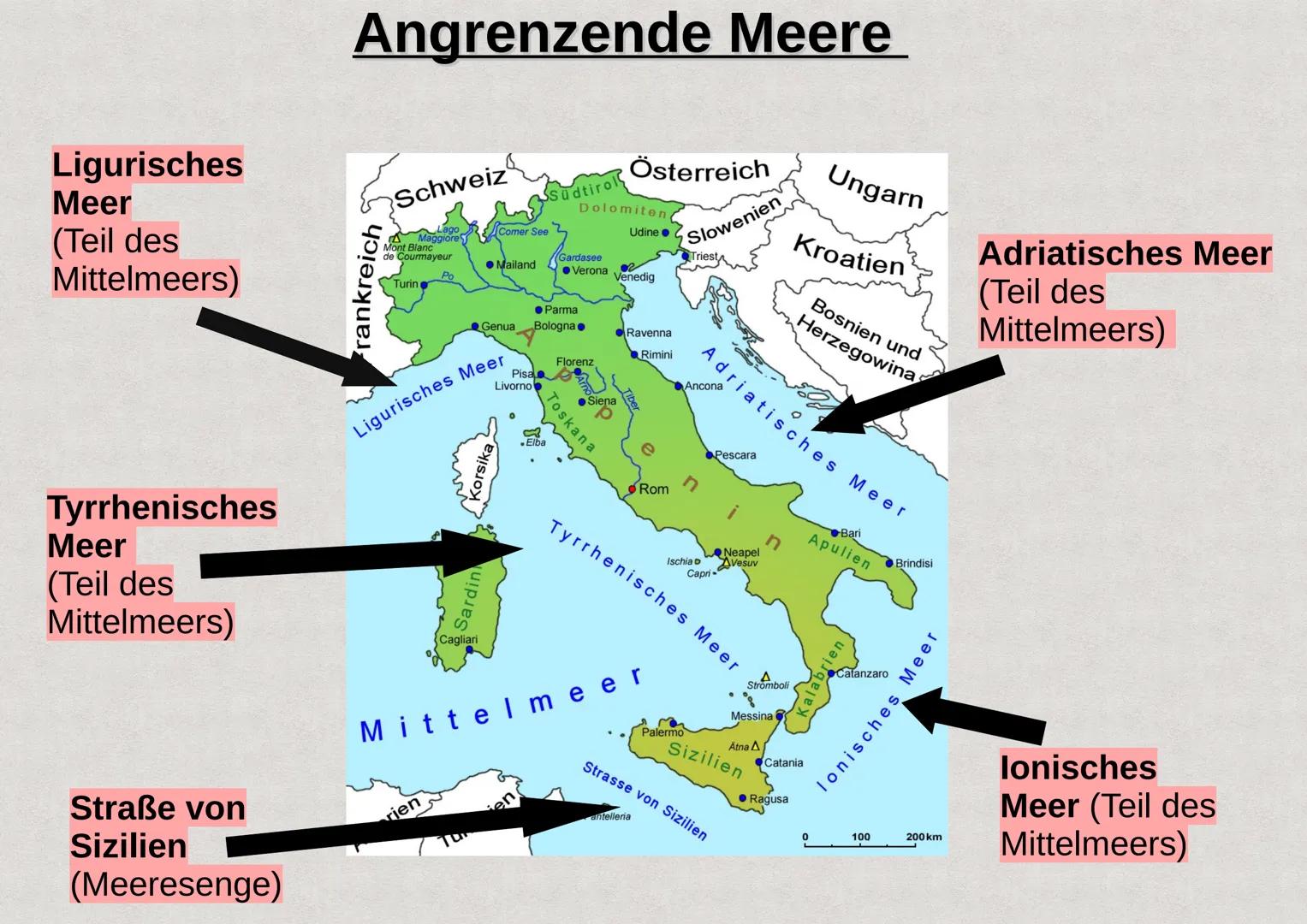 Präsentation über das
Land
Italien INHALTSVERZEICHNIS
1. Allgemeine Informationen
2. größter See/ höchster Berg
3. Angrenzende Meere
4. Nach