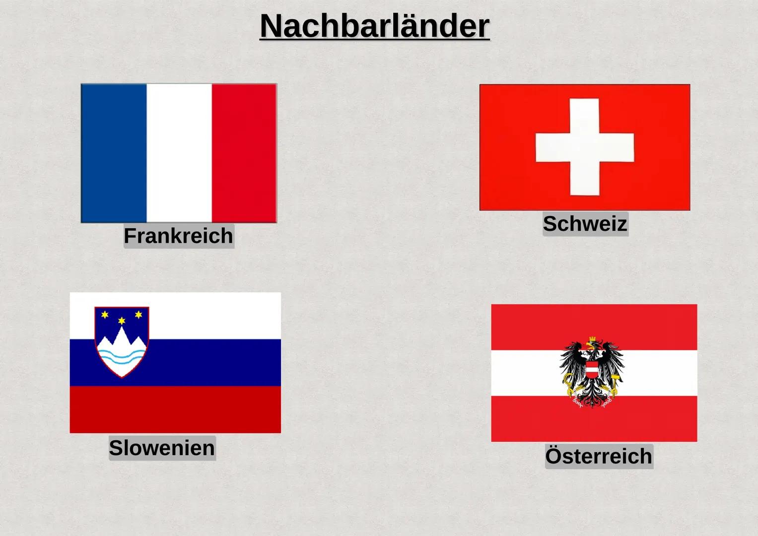 Präsentation über das
Land
Italien INHALTSVERZEICHNIS
1. Allgemeine Informationen
2. größter See/ höchster Berg
3. Angrenzende Meere
4. Nach