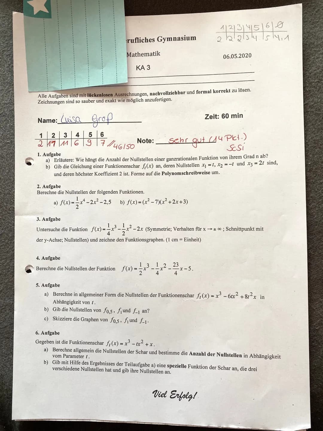rufliches Gymnasium
Mathematik
KA 3
Name: Luisa grop
1 2 3 4 5 6
2117 116 9 7/1/46150
Alle Aufgaben sind mit lückenlosen Ausrechnungen, nach