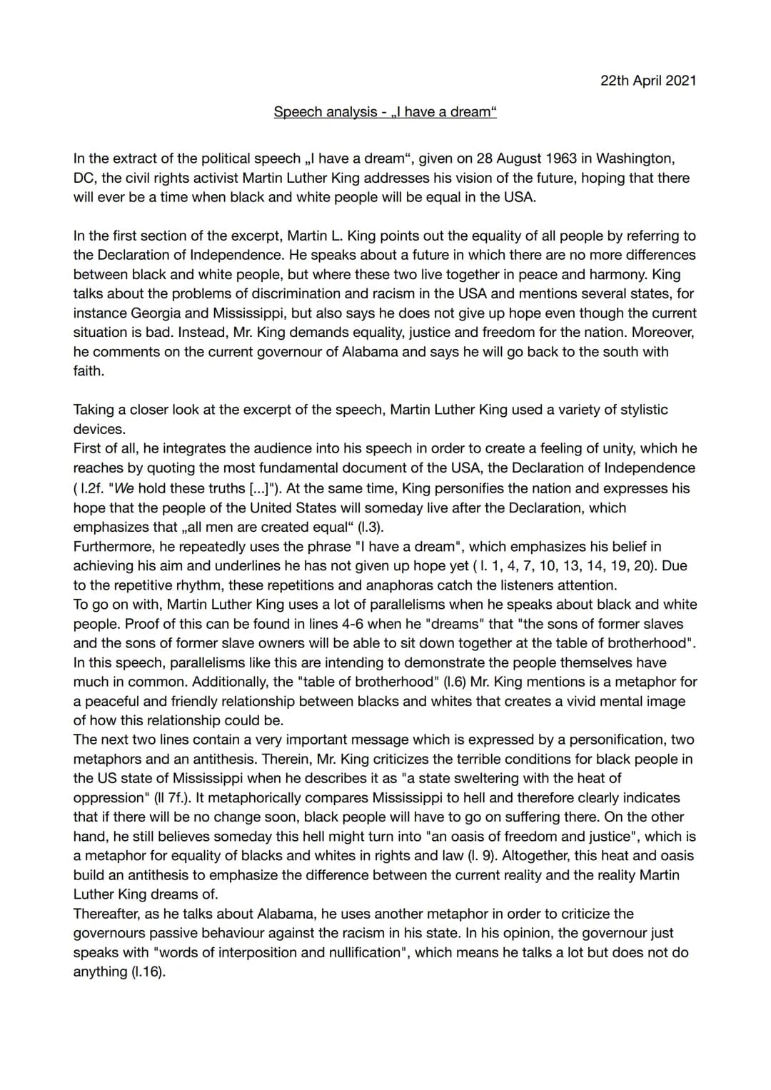 Speech analysis - „I have a dream"
22th April 2021
In the extract of the political speech ,,I have a dream", given on 28 August 1963 in Wash