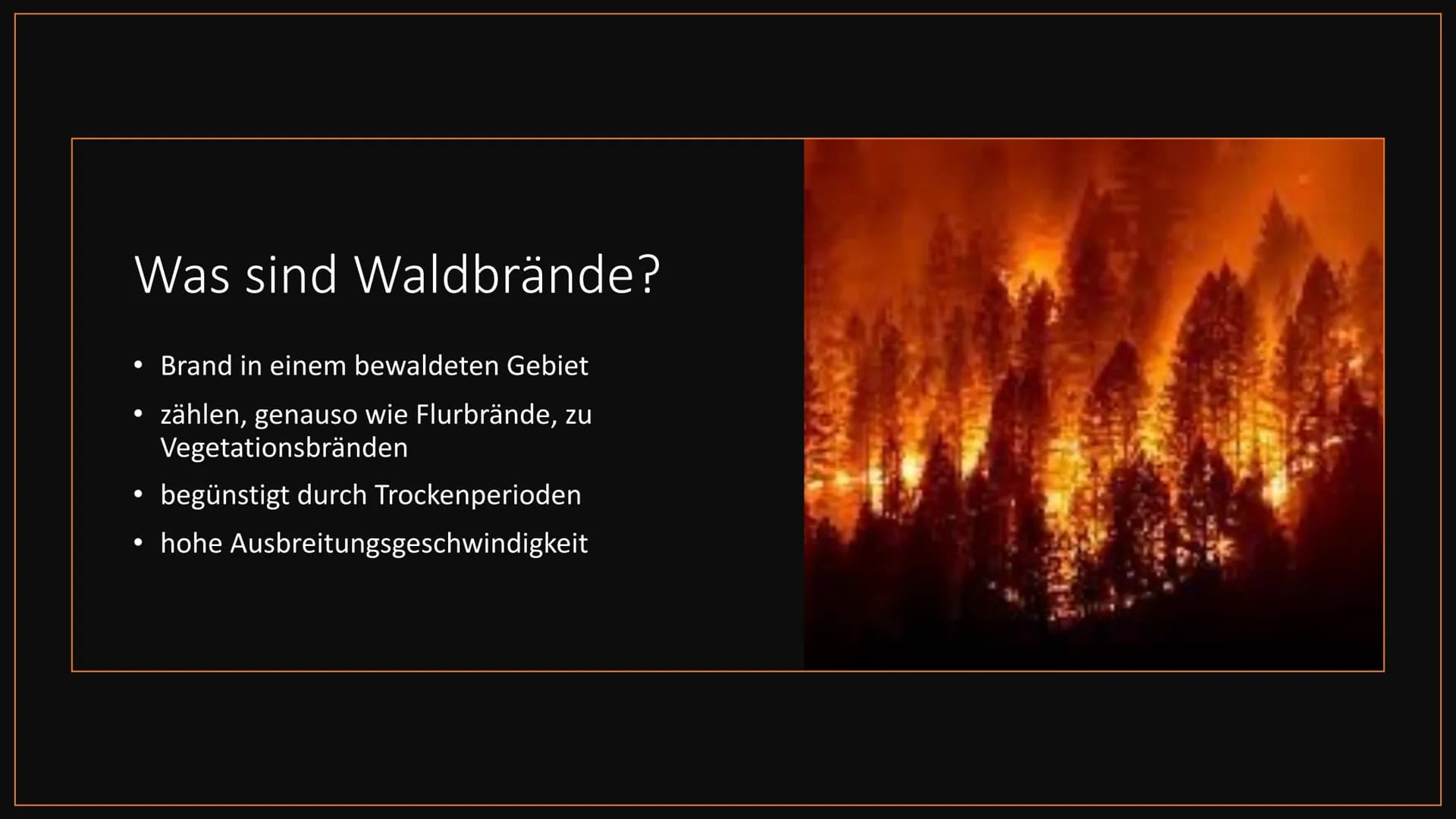 Waldbrände
am Beispiel Nordamerika ●
Was sind Waldbrände?
• Verbreitung
●
Entstehung
Bekämpfung
Prävention
●
●
●
Waldbrände in Nordamerika
-