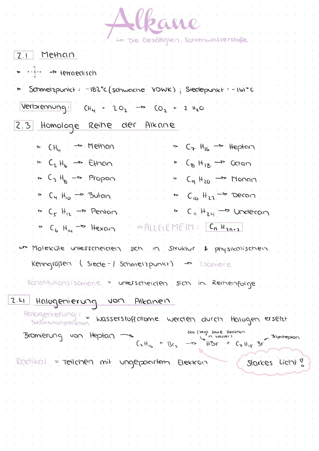 2.1
▷
Methan
Schmelzpunkt: -182°C (schwache
Verbrennung:
CH4
202.
C0₂
2.3 Homologe Reine der Alkane
4
D
→tetraedisch
Radikal
Alkane
↳ Die Ge