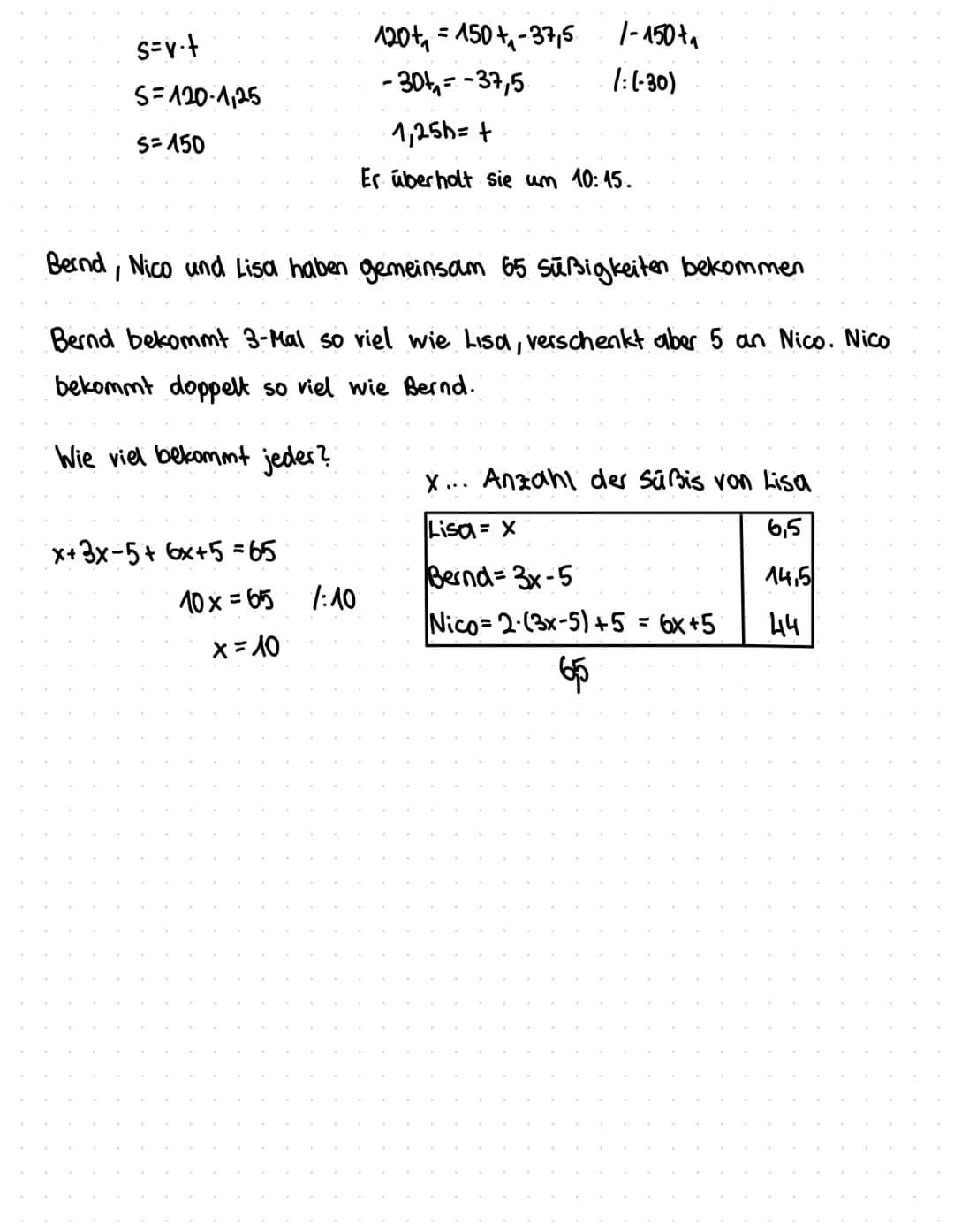 Bewegungsaufgaben
Weg = Geschwindigkeit. Zeit
S = v t
Slom 45.0,67
Stom= 30km
b) Wie lange brauchen sie?
STom + Sjerry=80
45-4+75-+=80
120+=