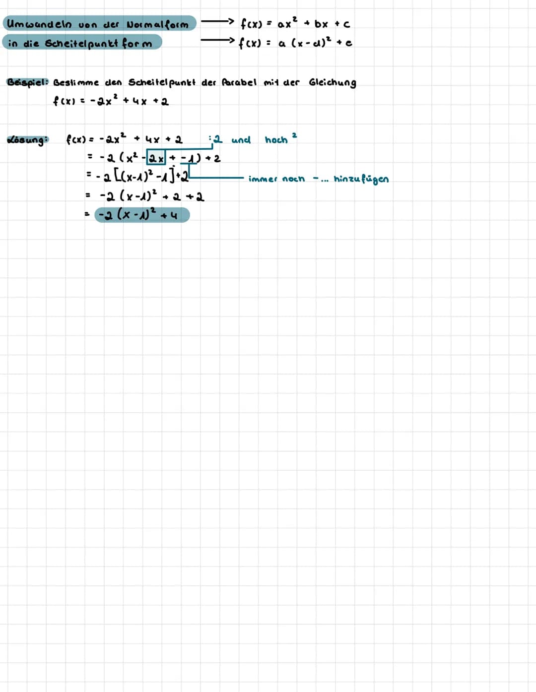 QUADRATISCHE FUNKTION
Drei Darstellungsformen:
•Normalform
fcx) = ax² + bx + c
•Scheitelpunkt form f(x)= a (x-d)² + e
Berechnung der Schnitt