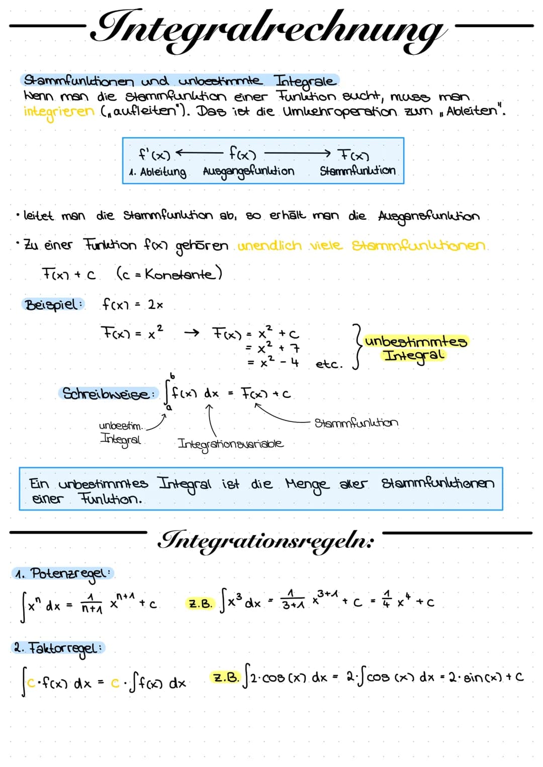 -Integralrechnung
Stammfunktionen und unbestimmte Integrale
Wenn man die Stammfunktion einer Funktion sucht, muss man
integrieren (aufleiten