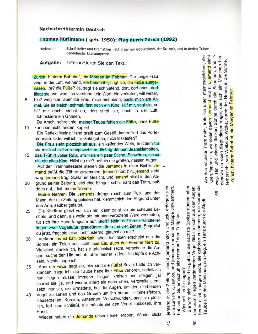 5
10
155
20
25
30
Nachschreibtermin Deutsch
Thomas Hürlimann (geb. 1950): Flug durch Zürich (1992)
35
Hürlimann:
Schriftsteller und Dramatik