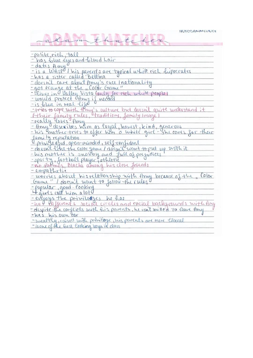 INFOSAMMLUNG

-adamthatcher
-polite, rich, tall
- has blue eyes and blond hair
- is a WAspo/ his parents are typical white rich hipocrates
-