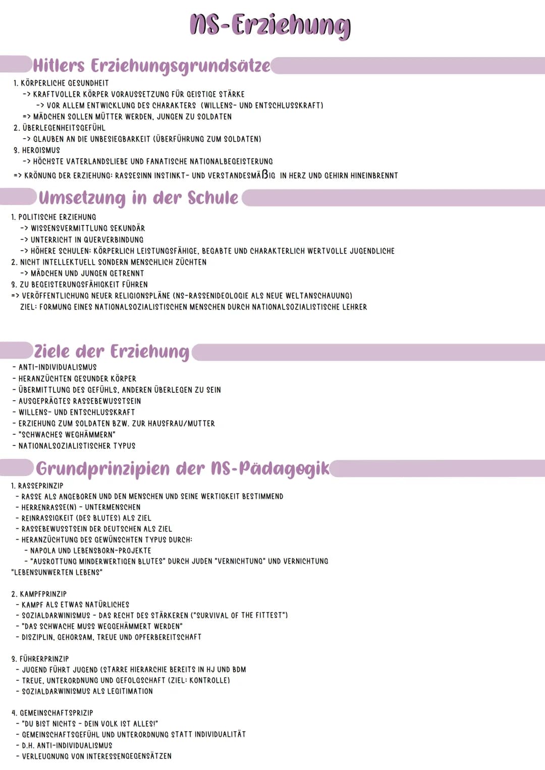 Hitlers Erziehungsgrundsätze
1. KÖRPERLICHE GESUNDHEIT
-> KRAFTVOLLER KÖRPER VORAUSSETZUNG FÜR GEISTIGE STÄRKE
-> VOR ALLEM ENTWICKLUNG DES 