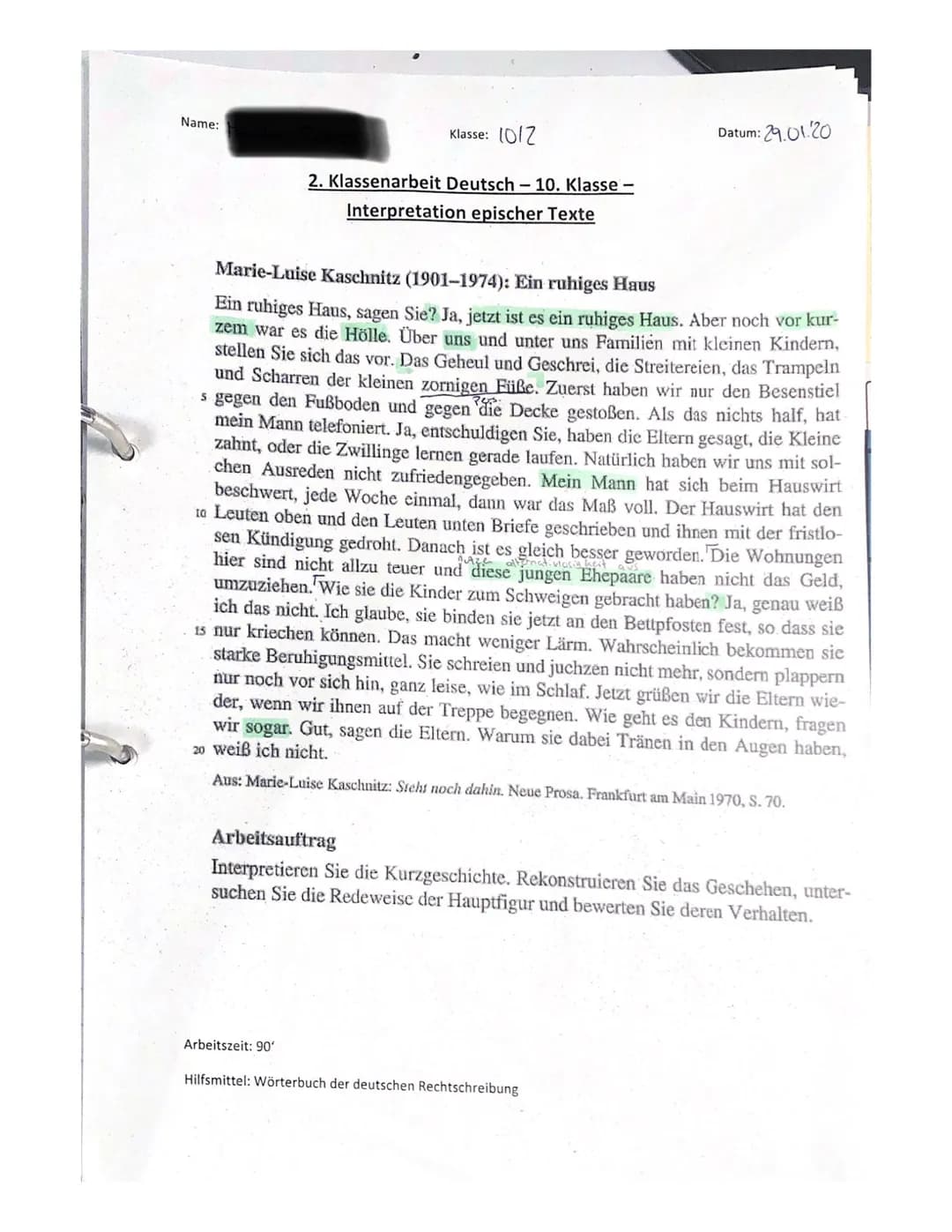 Name:
Klasse: 10/2
2. Klassenarbeit Deutsch-10. Klasse -
Interpretation epischer Texte
Datum: 29.01.20
Marie-Luise Kaschnitz (1901-1974): Ei