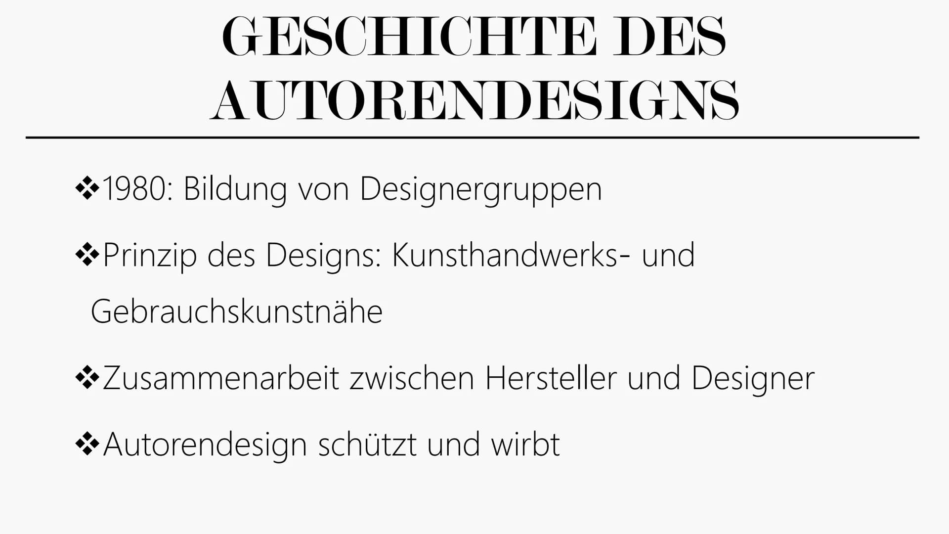 AUTOREN
DESIGN
PHILIPP STARCK GESCHICHTE DES
AUTORENDESIGNS
1980: Bildung von Designergruppen
Prinzip des Designs: Kunsthandwerks- und
Gebra