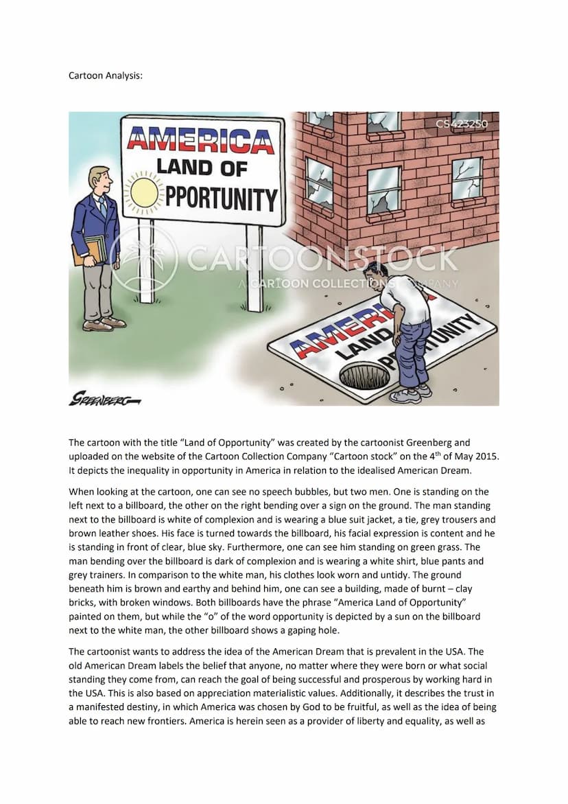 Cartoon Analysis:
AMERICA
LAND OF
PPORTUNITY
GREENBERG
CS423250
CARTOONSTOCK
ACARTOON COLLECTIONS PANY
AMERI
LAND
The cartoon with the title