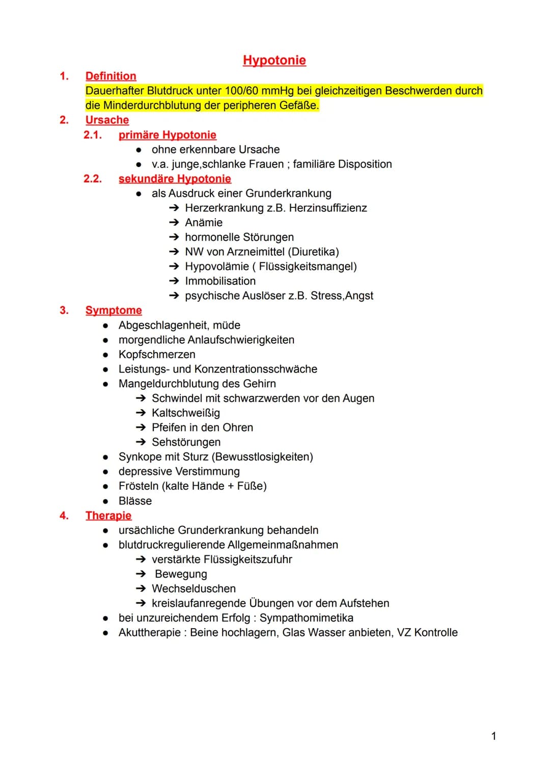 Hypotonie
1. Definition
Dauerhafter Blutdruck unter 100/60 mmHg bei gleichzeitigen Beschwerden durch
die Minderdurchblutung der peripheren G