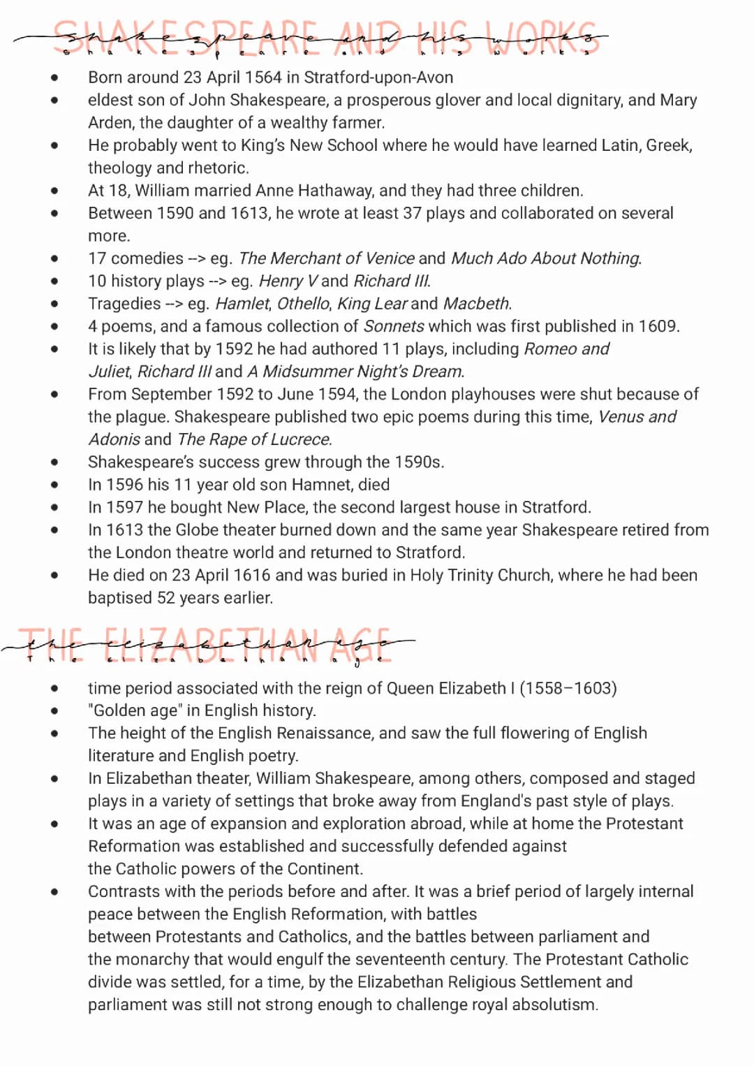 Shakespeare and his works and the Elizabethan age